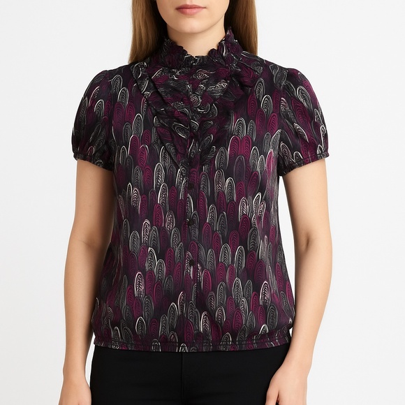 Apostrophe Ruffle Mock Neck Feather Print Blouse Purple Black Gray M - Picture 1 of 7